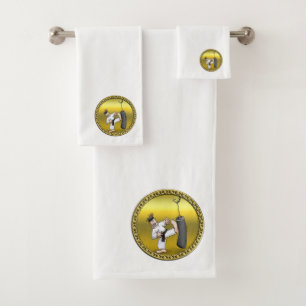 Black belt karate man kicking a black training bag bath towel set