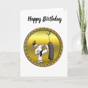 Black belt karate man kicking a black training bag card