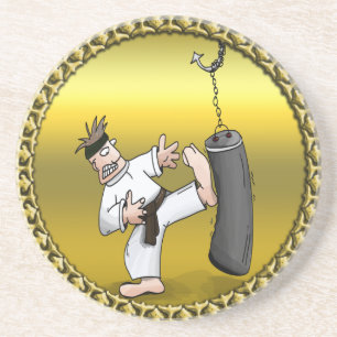 Black belt karate man kicking a black training bag coaster