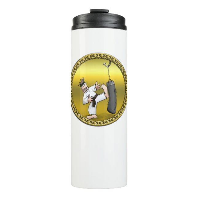 Black belt karate man kicking a black training bag thermal tumbler (Front)