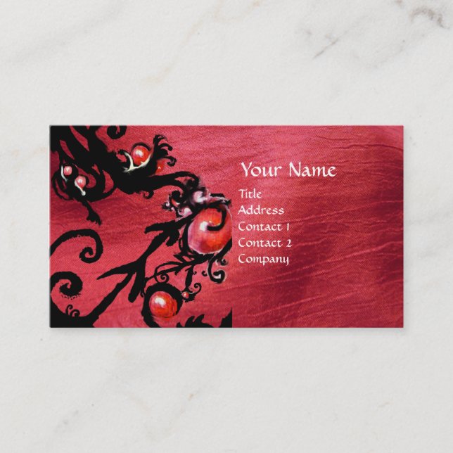 BLACK  BERRIES SWIRLS red black pink silk Business Card (Front)