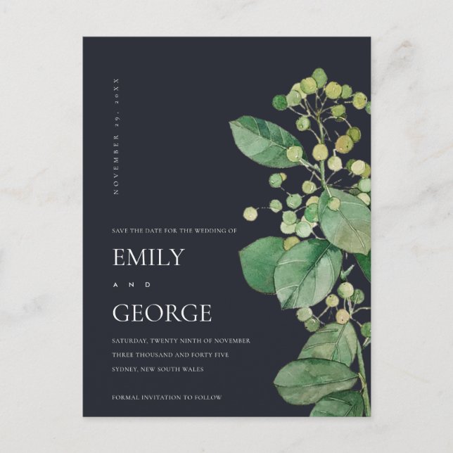 BLACK BERRY LEAFY FOLIAGE GREENERY SAVE THE DATE ANNOUNCEMENT POSTCARD (Front)