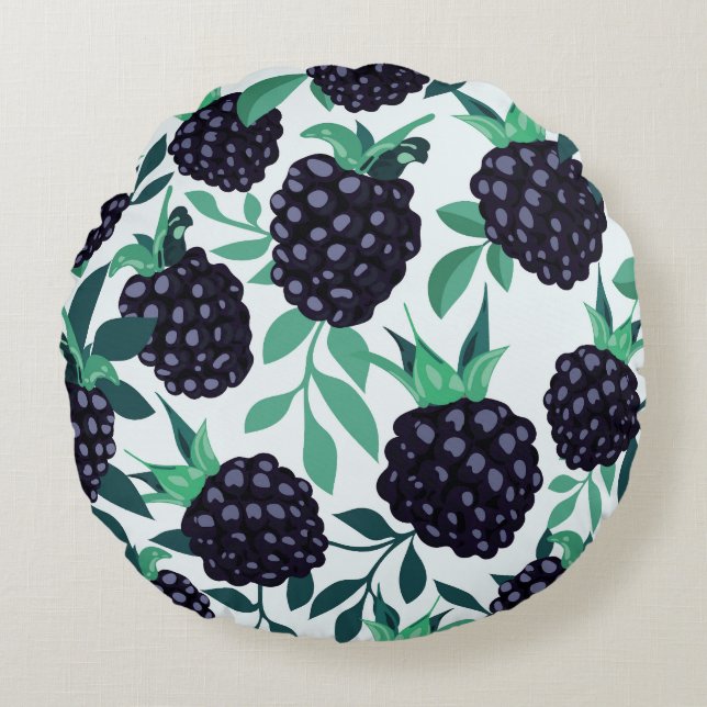 Black Berry Tropical: Fruit Seamless Pattern Round Cushion (Front)