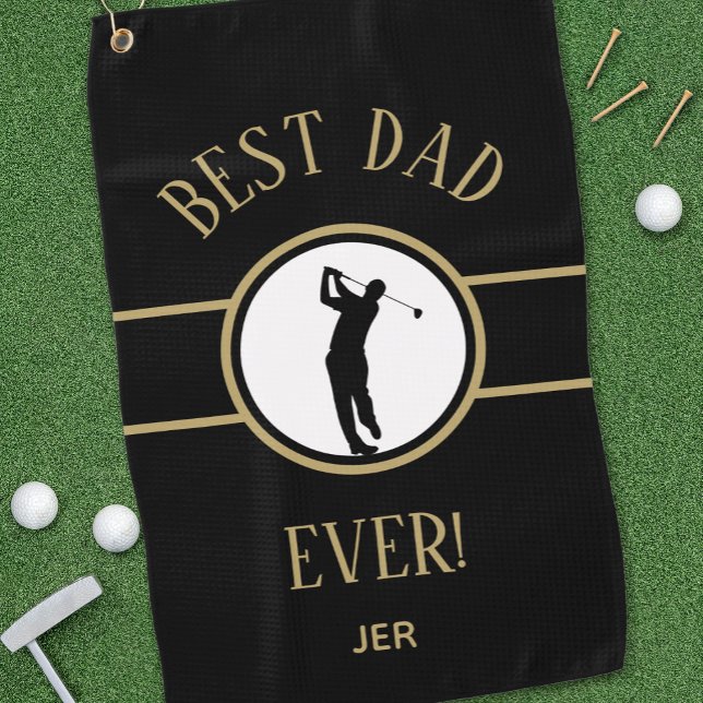 Black Best Dad Ever Golfer Sports Monogram Gold Golf Towel (Creator Uploaded)