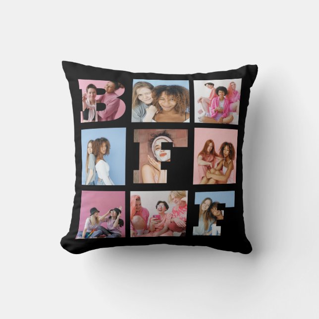 Black Best Friends BFF Photo Collage Heart Script Cushion (Front)