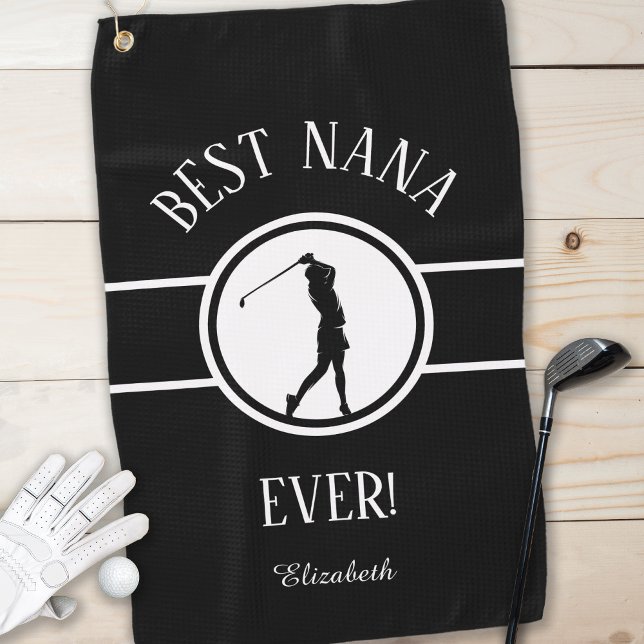 Black Best Nana Golfer Grandma Monogrammed Womens Golf Towel (Creator Uploaded)