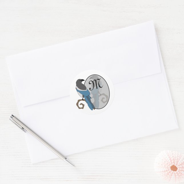 Black Billed Magpie Monogram Classic Round Sticker (Envelope)