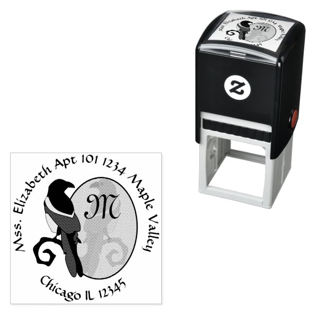 Black Billed Magpie Monogram Return Address Self-inking Stamp (In Situ)