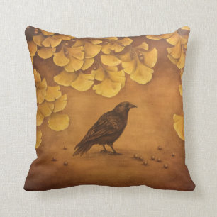 Black bird and golden Ginkgo leaves Cushion