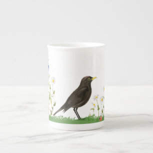 Black bird bone china mug