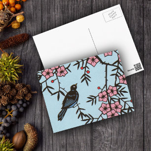 Black Bird Cherry Blossom Tree Postcard