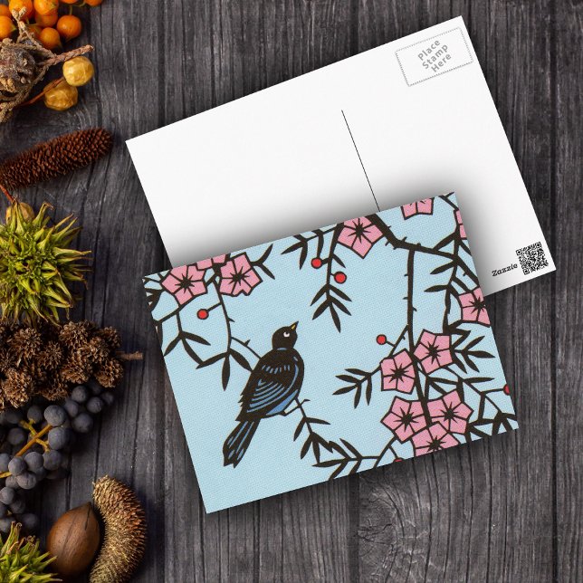 Black Bird Cherry Blossom Tree Postcard (Cute black bird in tree pink cherry blossoms on light blue postcard.)