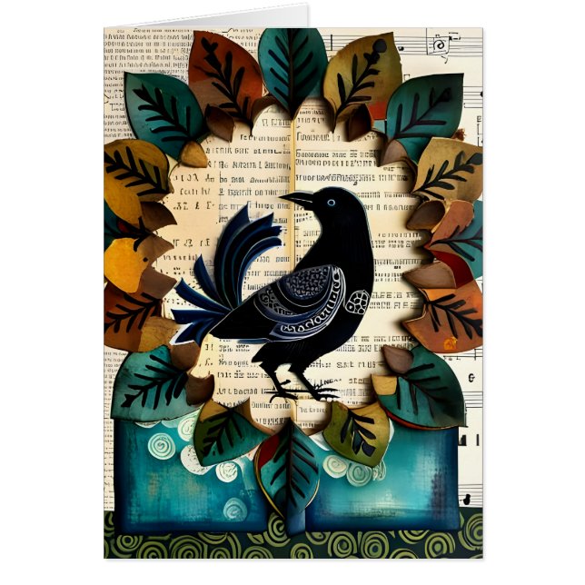 Black Bird Collage Folk Art Blank Inside Card (Front)