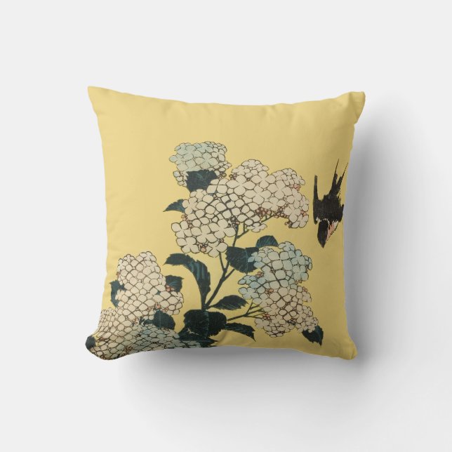 BLACK BIRD FLIES AMONG FLOWERS YELLOW CUSHION (Front)