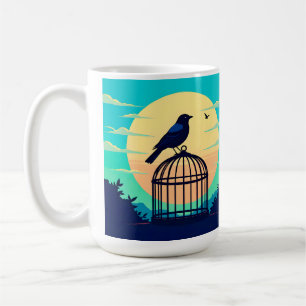 Black Bird in Empty Cage on Hill Silhouetted Again Coffee Mug