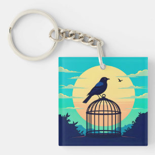 Black Bird in Empty Cage on Hill Silhouetted Again Key Ring
