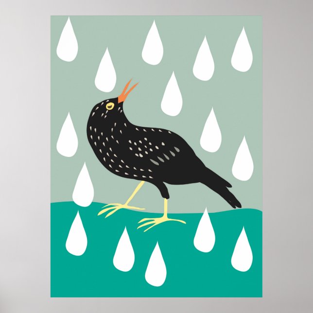 Black Bird in Rain Folk Art Illustration  Poster (Front)