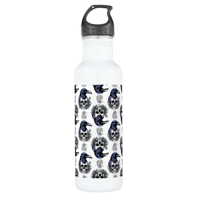 Black Bird On a Skull Goth Pattern Design  710 Ml Water Bottle (Front)
