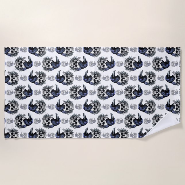Black Bird On a Skull Goth Pattern Design  Beach Towel (Front)