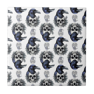 Black Bird On a Skull Goth Pattern Design Ceramic Tile