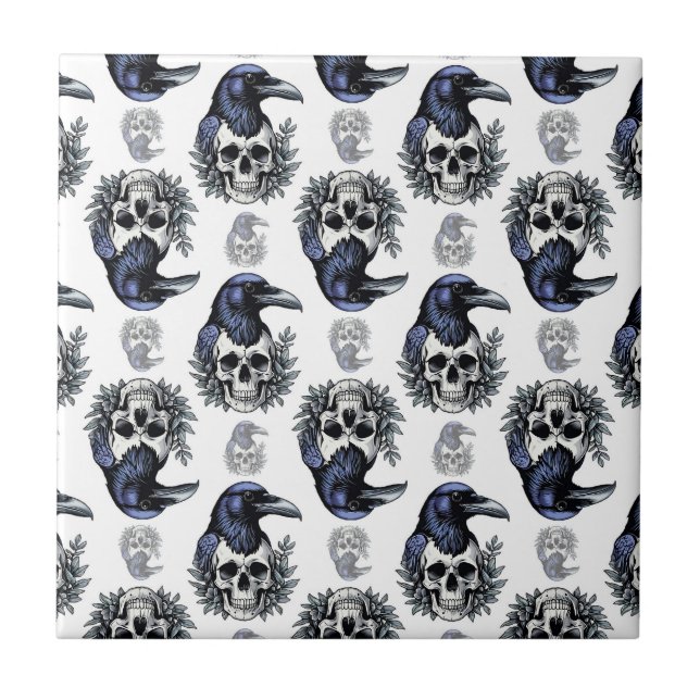 Black Bird On a Skull Goth Pattern Design  Ceramic Tile (Front)