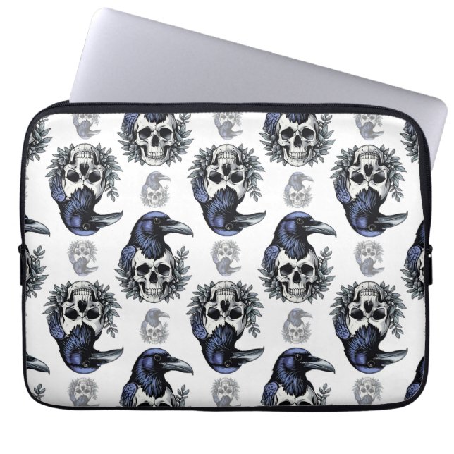 Black Bird On a Skull Goth Pattern Design  Laptop Sleeve (Front)