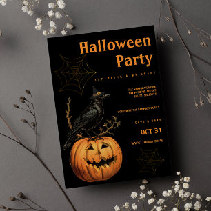 Black bird orange jack lantern Halloween Party Invitation