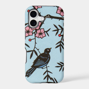 Black Bird Pink Cherry Blossom Tree Branches