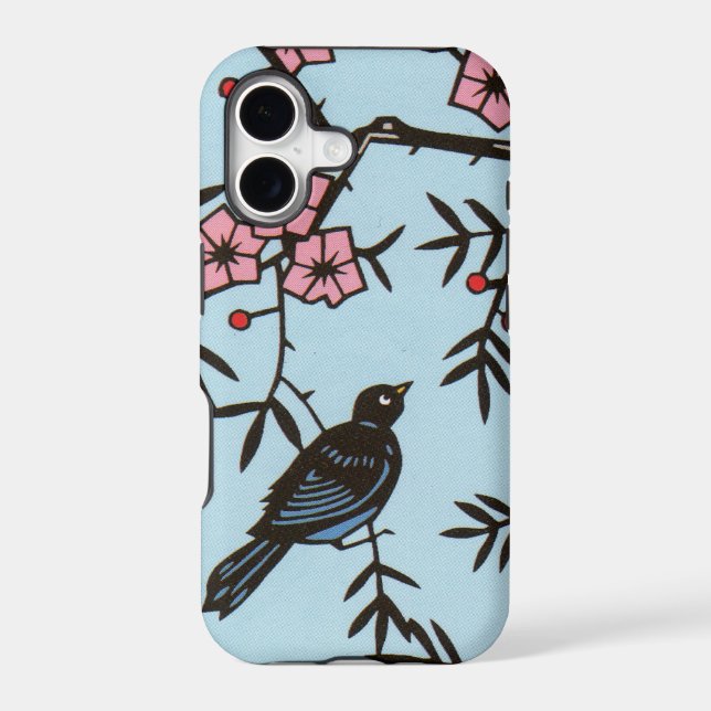 Black Bird Pink Cherry Blossom Tree Branches (Back)