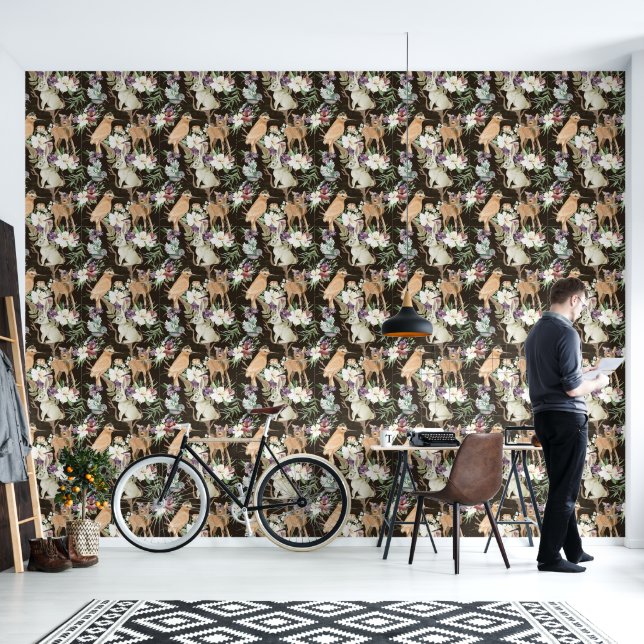 Black Bird Rabbit Deer Wall Covering  (Living Room)