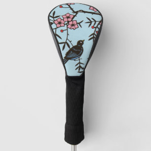 Black Bird Tree Cherries Pink Blossoms Blue Golf Head Cover