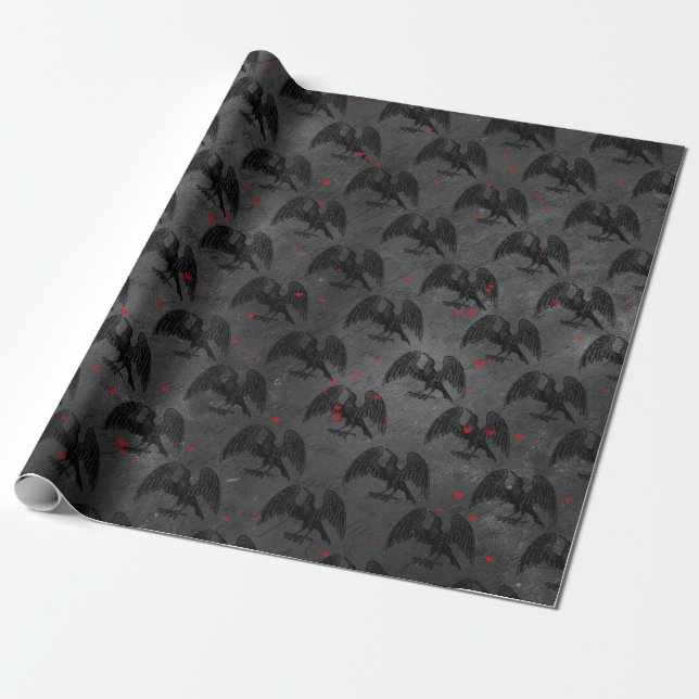 Black Birds and Hearts on Grey Wrapping Paper (Unrolled)
