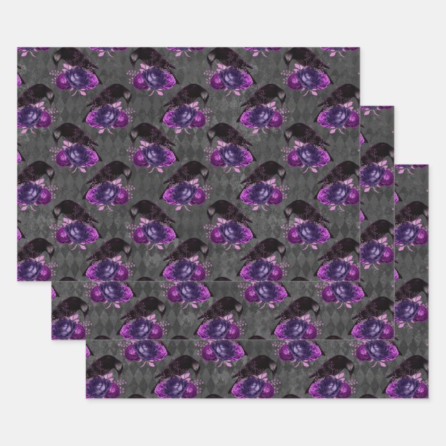 Black Birds and Purple Roses Wrapping Paper Sheet (Set)