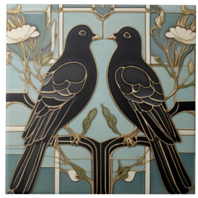 Black Birds Art Nouveau Bird Art Deco dove pigeons Ceramic Tile (Creator Uploaded)