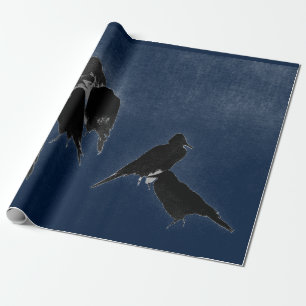 BLACK BIRDS IN BLUE JAPANESE INK PAINTING WRAPPING PAPER