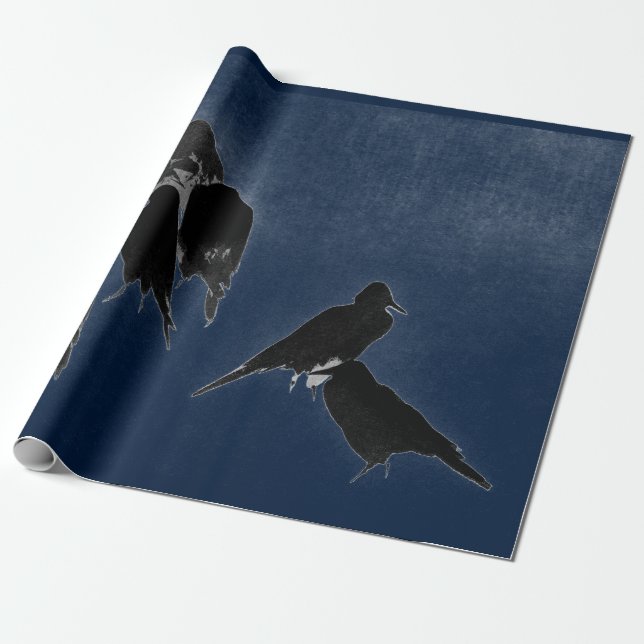 BLACK BIRDS IN BLUE JAPANESE INK PAINTING WRAPPING WRAPPING PAPER (Unrolled)