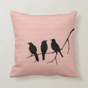 Black Birds on Pink Zigzag Pattern Cushion
