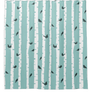 Black Birds on White Birch Trees Shower Curtain