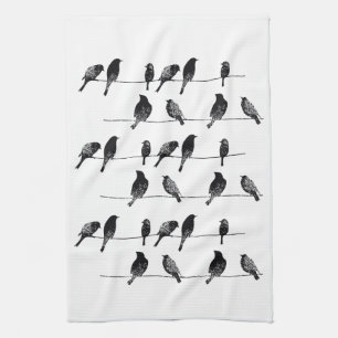 Black birds on wire worn look tea towel