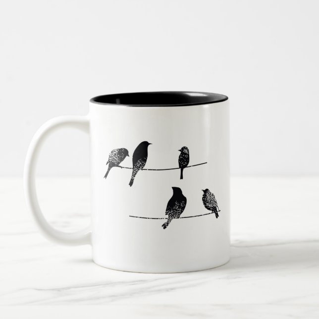 Black birds on wire worn look Two-Tone coffee mug (Left)