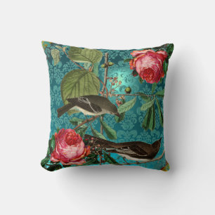 BLACK BIRDS, PINK ROSES AQUA BLUE,TEAL DAMASK CUSHION
