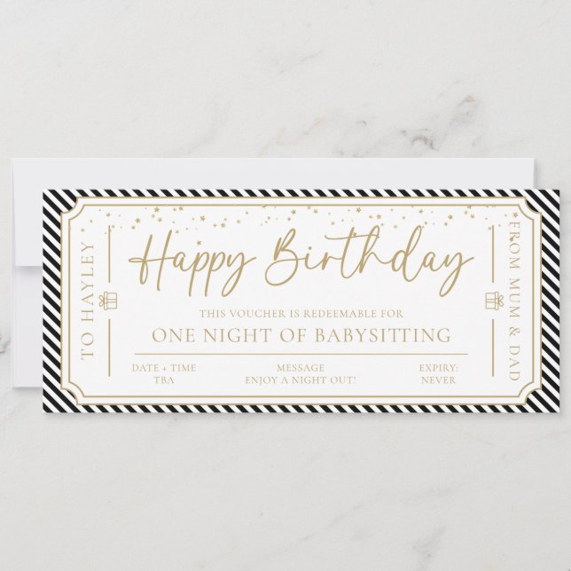Black Birthday Babysitting Gift Voucher Card (Front)