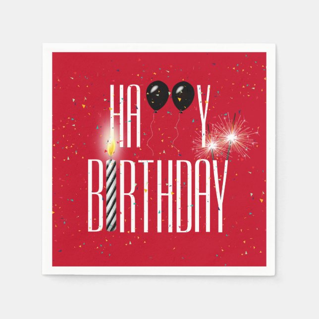 Black Birthday Balloons and Sparklers on Red Napkin (Front)