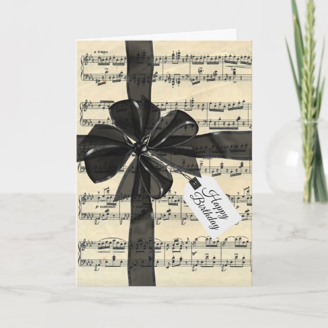 Black Birthday Bow On Vintage Music  Card (Front)