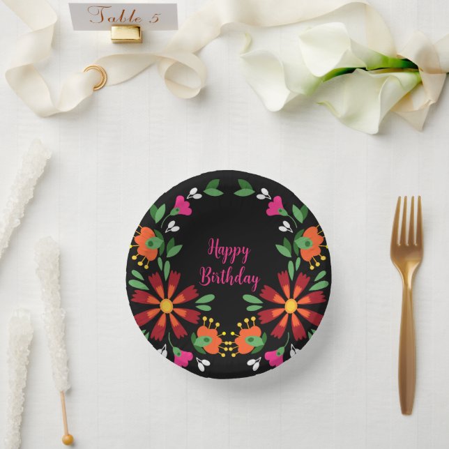 Black Birthday Flower Fiesta Mexican Embroidery Paper Plate (Wedding)