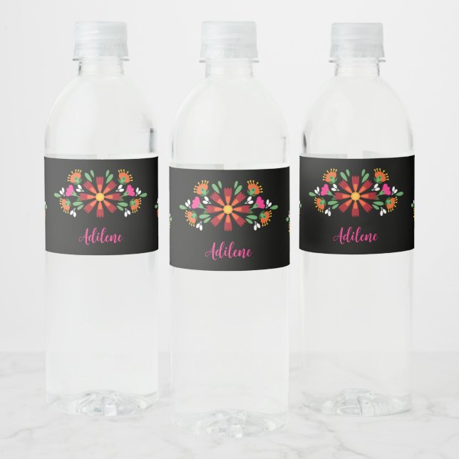 Black Birthday Flower Fiesta Mexican Embroidery  Water Bottle Label (Bottles)