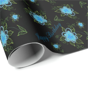 Black Birthday Gift Wrap With Blue Floral