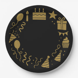 Black Birthday Luxurious Gold Wreath Cake Balloons Paper Plate