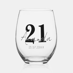 Black Birthday Number Black 3D Name Date Stemless Wine Glass
