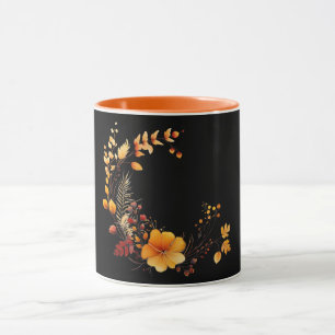 Black-black, bright orange floral design, mug